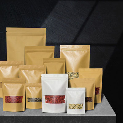 Custom Biodegradable Brown Stand Up Pouches With Zipper And Window For Food Packaging