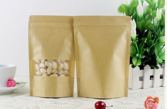 Custom Biodegradable Brown Stand Up Pouches With Zipper And Window For Food Packaging