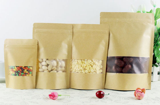 Custom Biodegradable Brown Stand Up Pouches With Zipper And Window For Food Packaging