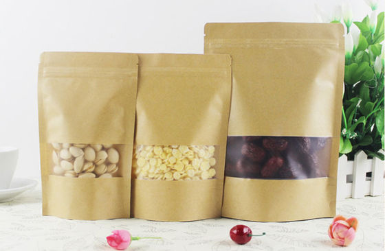 Custom Biodegradable Brown Stand Up Pouches With Zipper And Window For Food Packaging