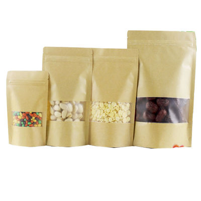 Custom Biodegradable Brown Stand Up Pouches With Zipper And Window For Food Packaging