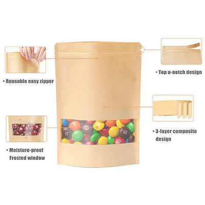 Kraft Paper Bag with Resealable Lock Seal Zipper and Stand Up Design Transparent Window
